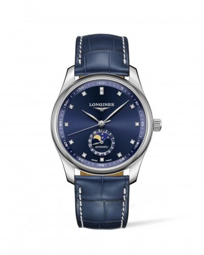 Longines Master Collection 40 Moonphase Paslanmaz Çelik / Mavi-Elmas / Alligator, referans L2.909.4.97.0