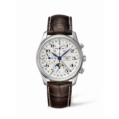 Longines Master Collection 40 Chronograph Calendar Paslanmaz Çelik / Gümüş / Alligator, referans L2.673.4.78.3