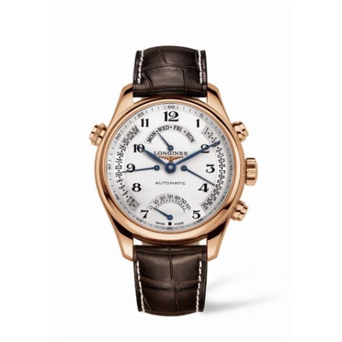 Longines Master Collection 44 Retrograde Pembe Altın / Gümüş-Arabic / Alligator, referans L2.717.8.78.3