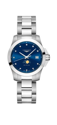 Longines Conquest 34 Quartz Moonphase Paslanmaz Çelik / Mavi / Bilezik, referans L3.381.4.97.6