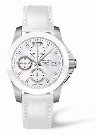 Longines Conquest Chronograph Beyaz Seramik Leather 41mm, referans L3.661.4.86.0