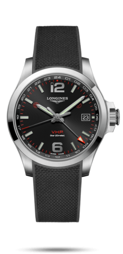 Longines Conquest V.H.P. GMT 41 Paslanmaz Çelik / Siyah / Kauçuk, referans L3.718.4.56.9