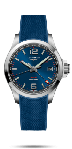 Longines Conquest V.H.P. GMT 41 Paslanmaz Çelik / Mavi / Kauçuk, referans L3.718.4.96.9
