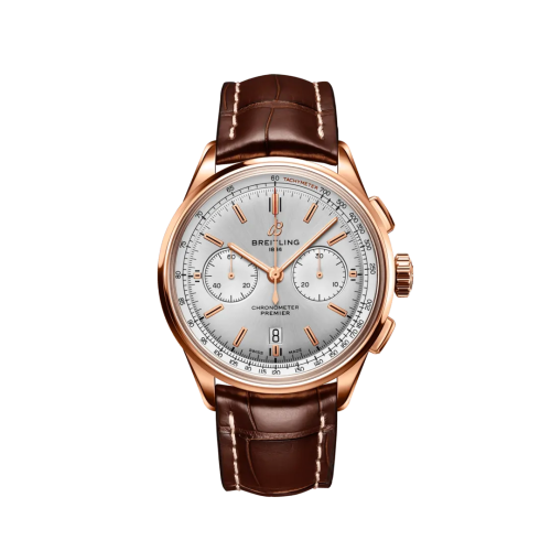 Breitling Premier B01 Chronograph 42 Kırmızı Altın / Gümüş / Alligator, referans RB0118371G1P1