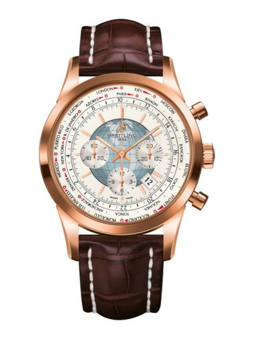 Breitling Transocean Chronograph Unitime Red Gold / Silver / Croco 46mm, reference RB0510U0.A733.756P