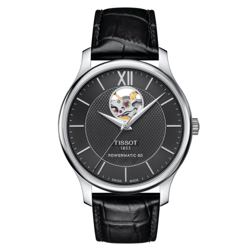 Tissot Tradition Powermatic 80 Open Heart 40 Paslanmaz Çelik / Siyah / Kayış, referans T063.907.16.058.00