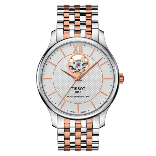 Tissot Tradition Powermatic 80 Open Heart 40 Paslanmaz Çelik - Pembe Altın / Gümüş / Bilezik, referans T063.907.22.038.01
