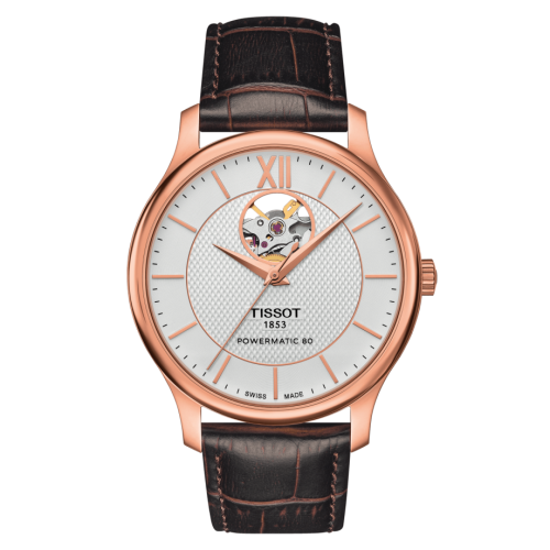 Tissot Tradition Powermatic 80 Open Heart 40 Pembe Altın / Gümüş / Kayış, referans T063.907.36.038.00