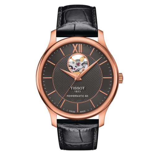 Tissot Tradition Powermatic 80 Open Heart 40 Pembe Altın / Gri / Kayış, referans T063.907.36.068.00