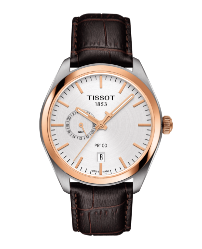 Tissot PR 100 39 Dual Time Paslanmaz Çelik / Sarı Altın / Gümüş / Kayış, referans T101.452.26.031.00