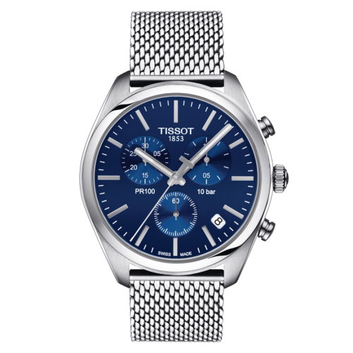 Tissot PR 100 Chronograph Quartz 41 Paslanmaz Çelik / Mavi / Milanese, referans T101.417.11.041.00