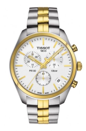 Tissot PR 100 Chronograph Quartz 41 Paslanmaz Çelik / Sarı Altın PVD / Gümüş / Bilezik, referans T101.417.22.031.00