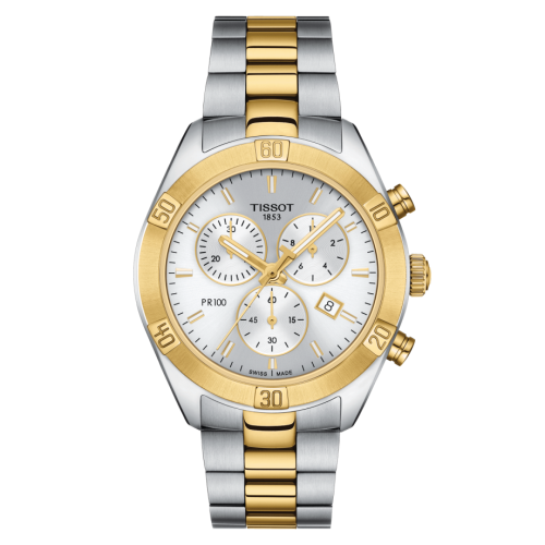 Tissot PR 100 Sport Chic Chronograph 38 Paslanmaz Çelik - Sarı Altın / Gümüş / Bilezik, referans T101.917.22.031.00
