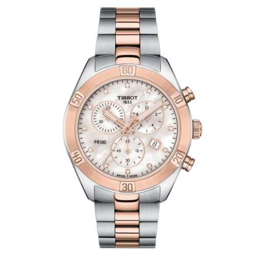 Tissot PR 100 Sport Chic Chronograph 38 Paslanmaz Çelik - Pembe Altın / MOP / Bilezik, referans T101.917.22.116.00