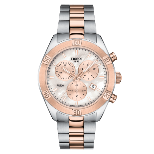 Tissot PR 100 Sport Chic Chronograph 38 Paslanmaz Çelik / Pembe Altın PVD / MOP / Bilezik, referans T101.917.22.151.00
