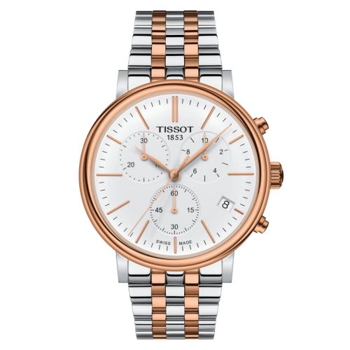 Tissot Carson Premium Chronograph Quartz 41 Stainless Steel / Rose Gold PVD / Silver / Bracelet, reference T122.417.22.011.00