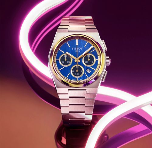 Tissot PRX Chronograph Stainless Steel - Yellow Gold / Bucherer Blue, reference T137.427.21.041.00