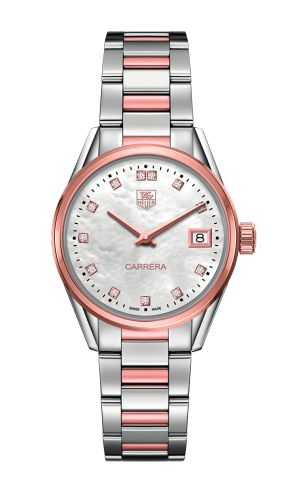 TAG Heuer Carrera Lady Quartz 32 Stainless Steel / Rose Gold / MOP - Diamond / Bracelet, reference WAR1352.BD0774