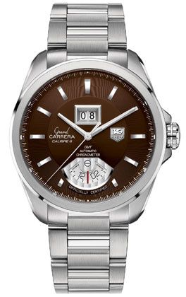 TAG Heuer Grand Carrera Calibre 8 RS Grande Date GMT Paslanmaz Çelik / Kahverengi / Bilezik 42.5mm, referans WAV5113.BA0901