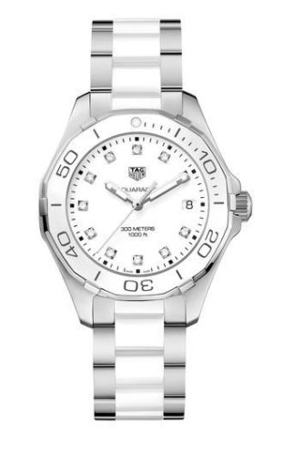 TAG Heuer Aquaracer 300M Quartz 35 Paslanmaz Çelik / Beyaz - Elmas / Bilezik, referans WAY131D.BA0914